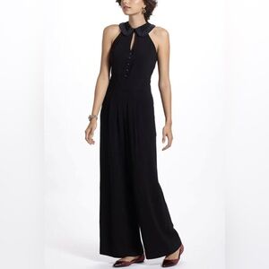 Anthropology, Elevenses Black Halter with beaded collar Jumpsuit size 2